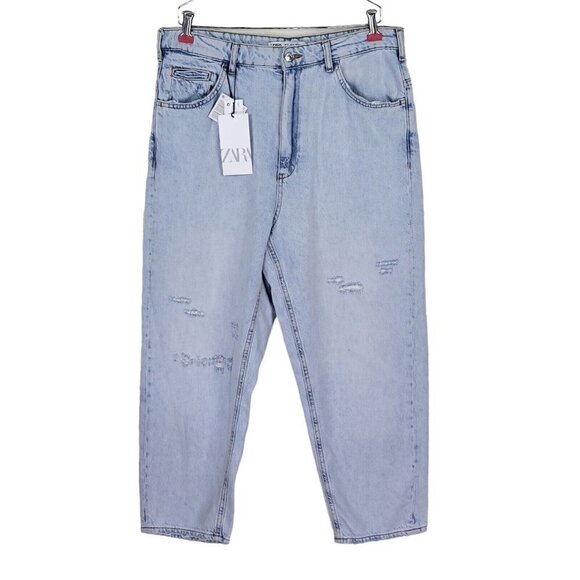 Zara Denim - Zara Cropped Jeans Women Size 31 34X25 Relaxed Baggy Distressed Light Wash New
